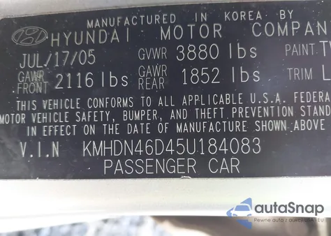 2005 Hyundai Elantra Gls/Gt from USA, damaged, VIN KMHDN46D45U184083
